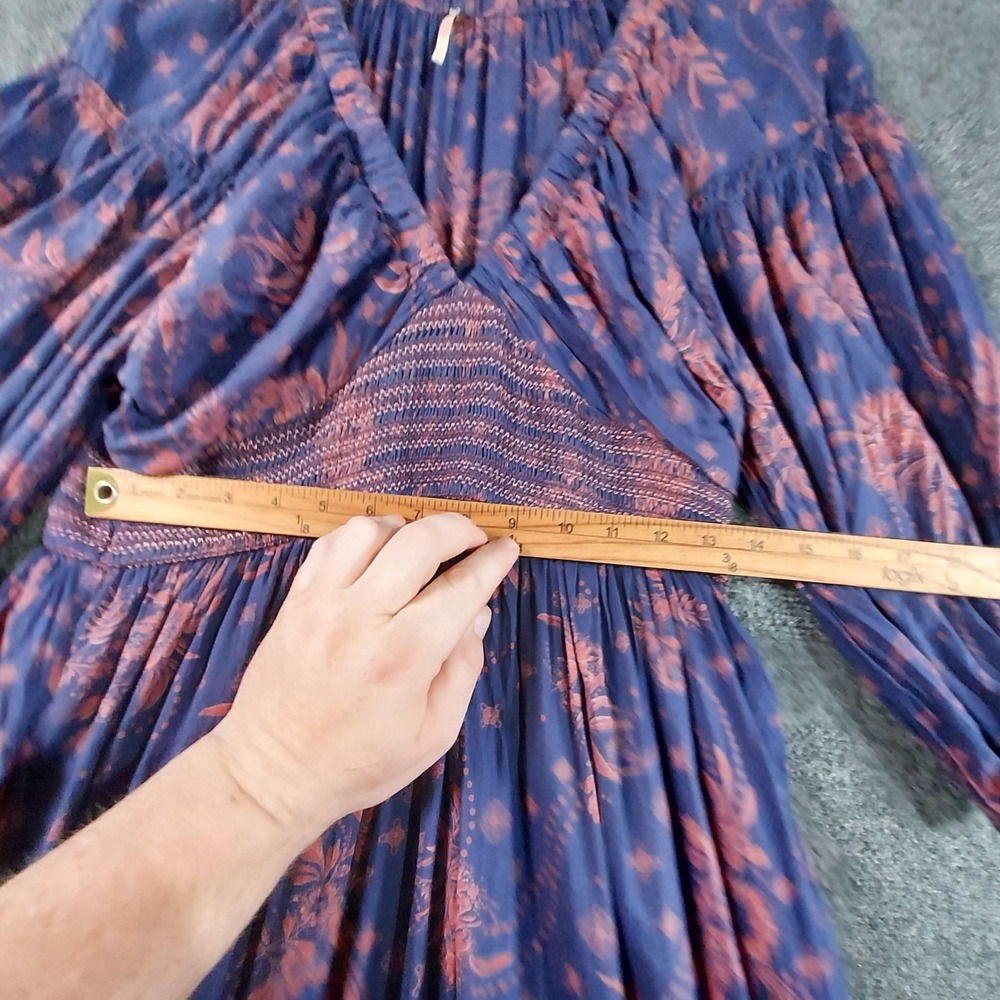 Free People Dress Womens Large Blue Floral Maxi Long Sleeve Boho Peasant Pockets - Picture 11 of 14
